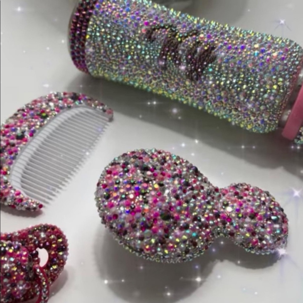 Baby bottle, comb and brush, pacifier. crystal stones, bottle stainless steel.